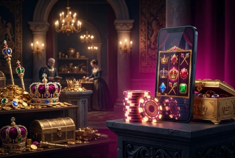 Golden gift box and casino chips beside a phone showing reels